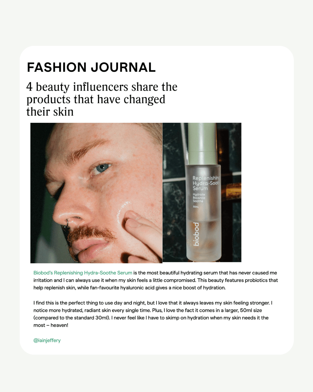 Replenishing Hydra-Soothe Serum 50ml - biobod in the press feature